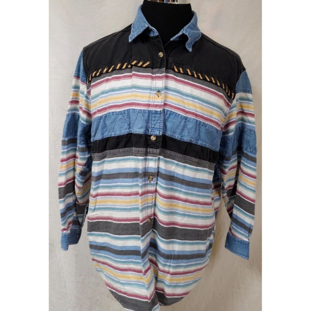 BASIC EDITIONS Womens 20W Multicolor Button Up Long Sleeve Denim Western Shirt